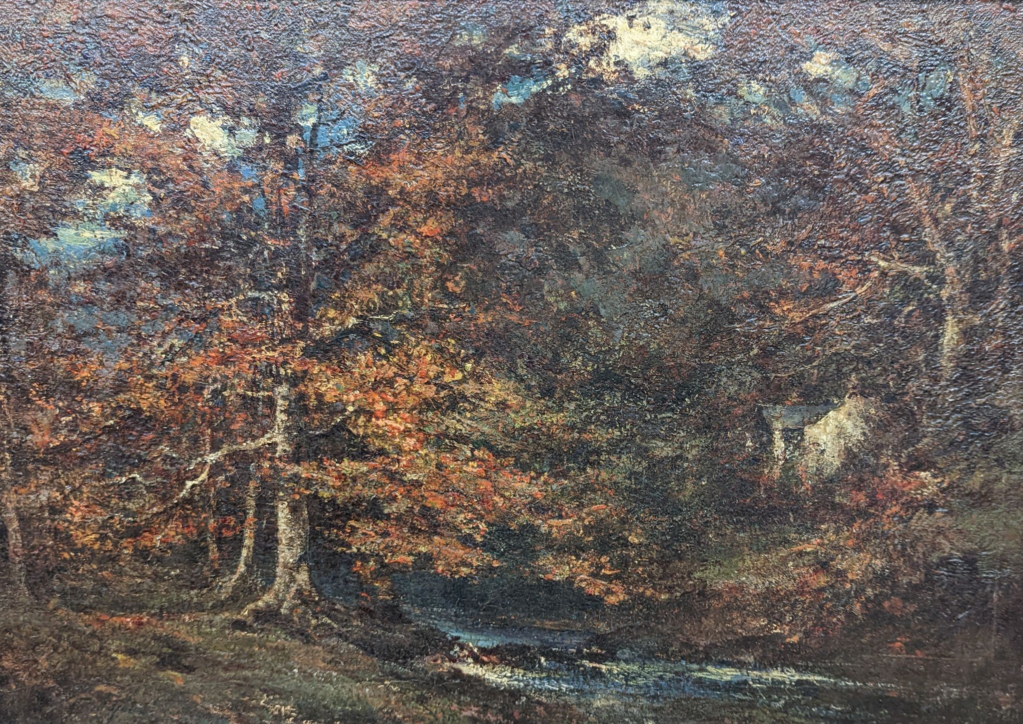Late 19th century French School, oil on canvas, Woodland in autumn, 37 x 56cm
